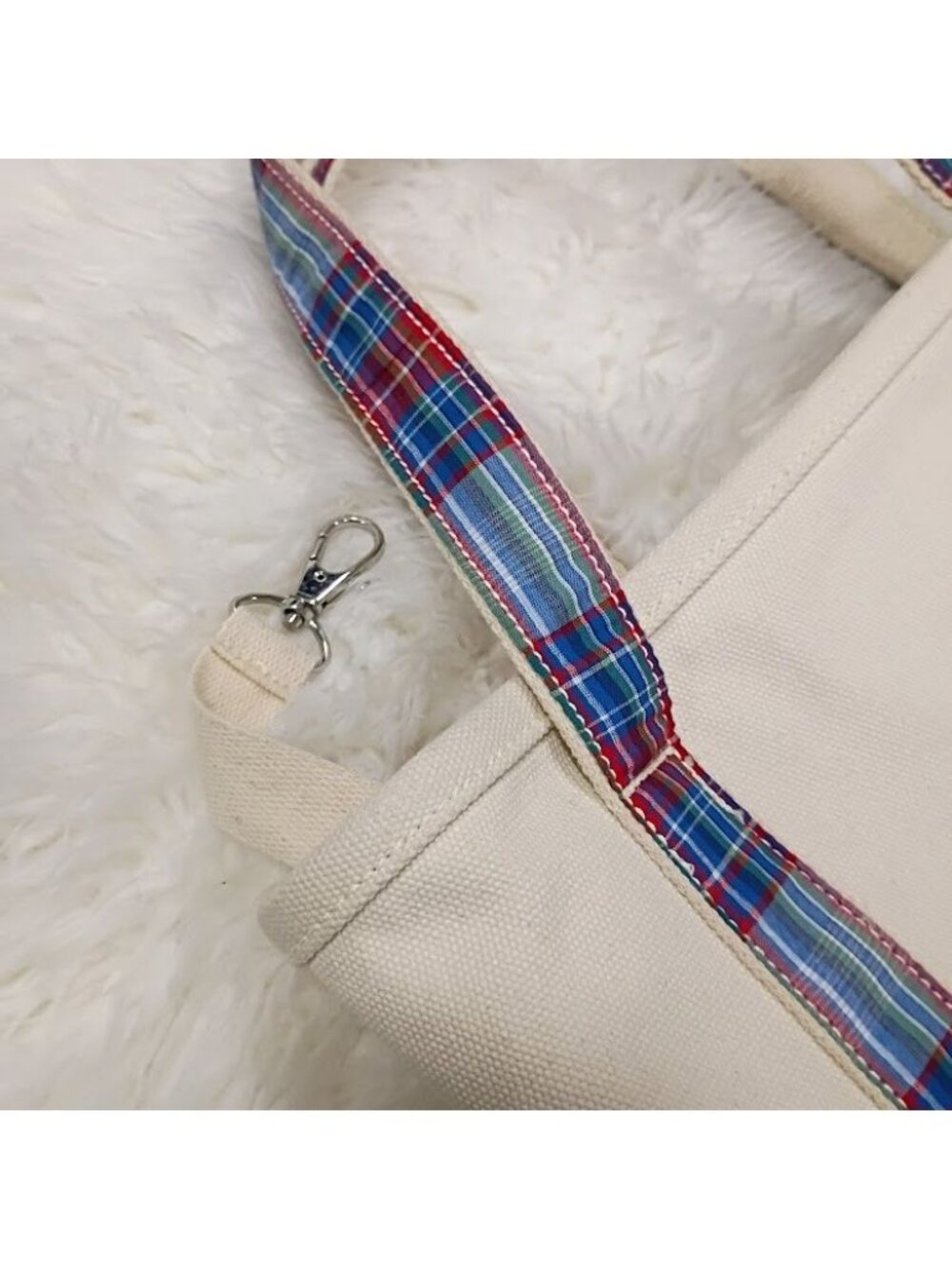 Lands End Tote Canvas Plaid Straps Cream Navy Large - Picture 9 of 10